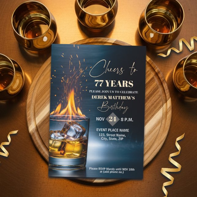 Gold Whiskey Theme Men 77th Birthday Party Einladung (Von Creator hochgeladen)