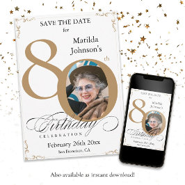 Gold White 80. Geburtstag Save the Date Einladung