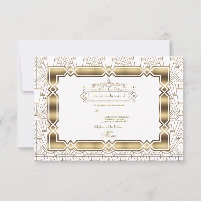 Gold White Art Deco Gatsby 20s Style Wedding RSVP (Vorderseite)