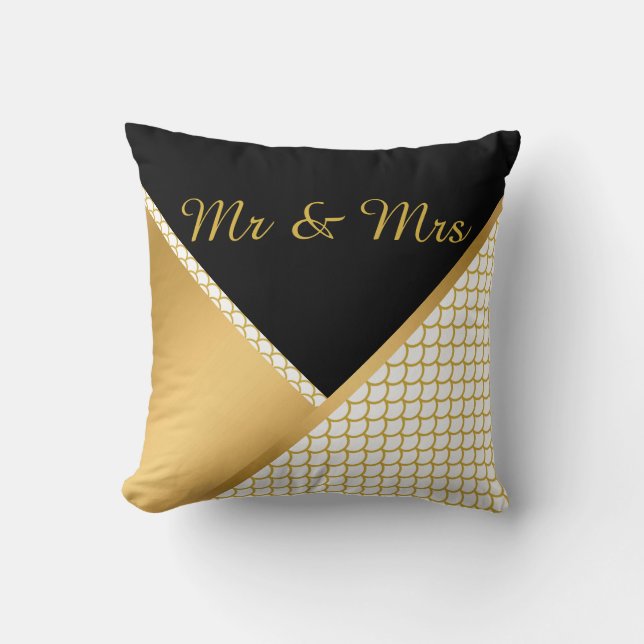 GOLD WHITE BLACK MERMAID DESIGN WEDING PILLOW KISSEN (Vorderseite)