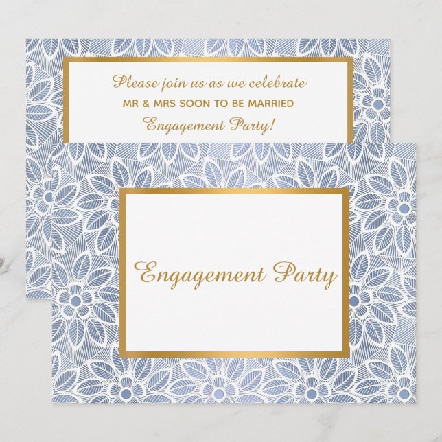 GOLD WHITE BLUE LACE VINTAG ENGAGEMENT PARTEI EINLADUNG (Vorne/Hinten)