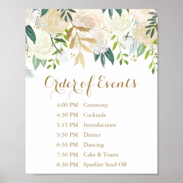 Gold White Blume Wedding Order of Events Sign Poster (Vorne)
