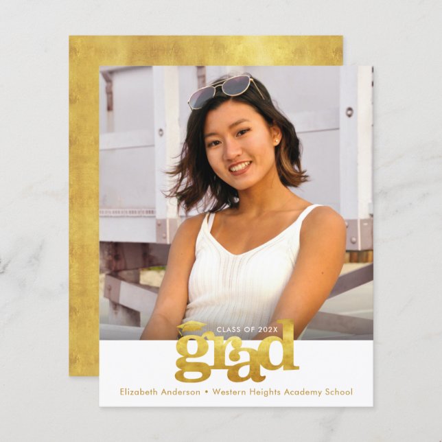 Gold White Budget Foto Abschluss Fett Cap Einladun (Vorne/Hinten)