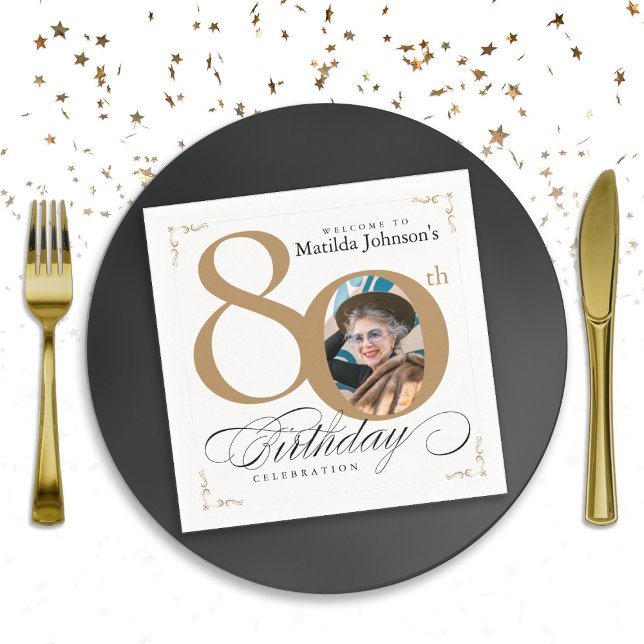 Gold White Calligraphy Custom Foto 80. Geburtstag Serviette (80th Birthday Gold White Calligraphy Custom Photo Napkins)