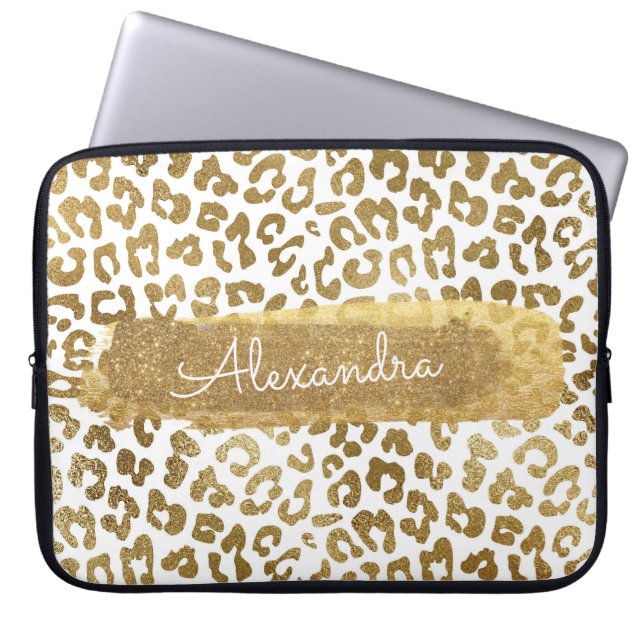 Gold & White Cheetah Print mit Gold Glitzer Laptopschutzhülle (Vorderseite)