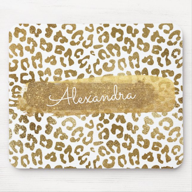 Gold & White Cheetah Print mit Gold Glitzer Mousepad (Vorne)