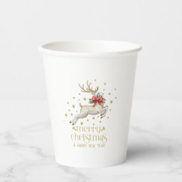 Gold White Christmas Reindeer Pappbecher