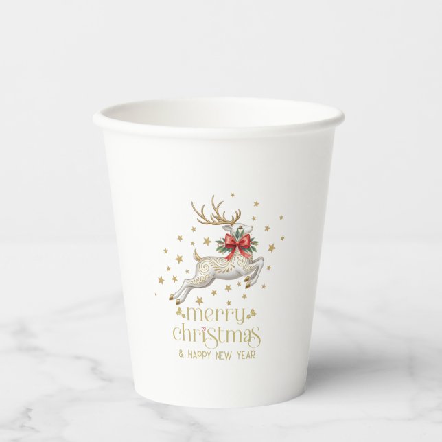 Gold White Christmas Reindeer Pappbecher (Vorderseite)