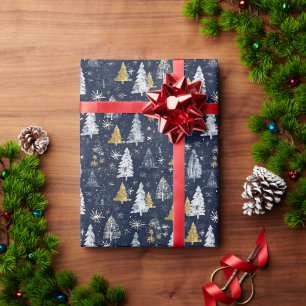 Gold & White Christmas Tree Muster mit Sternen Geschenkpapier