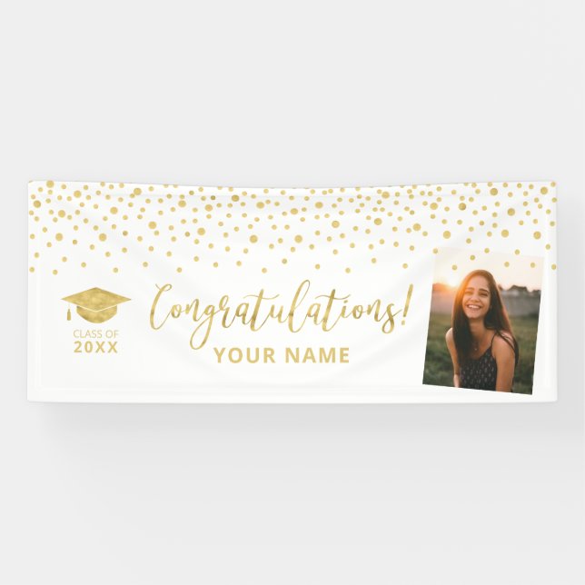 Gold & White Confetti Gratulation Abschluss Banner (Horizontal)