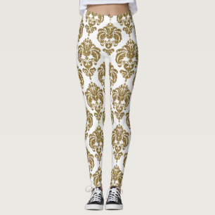 Gold & White Damask Chic Modernes elegantes Muster Leggings