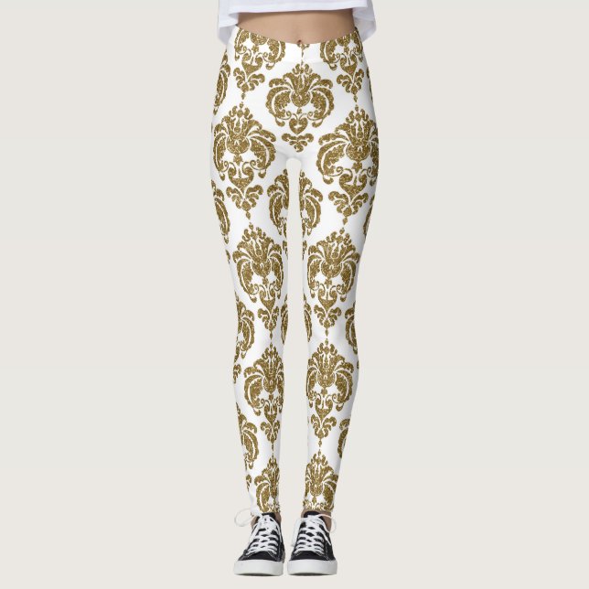 Gold & White Damask Chic Modernes elegantes Muster Leggings (Vorderseite)