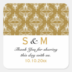 Gold White Damask Danke Monogram Wedding Quadratischer Aufkleber