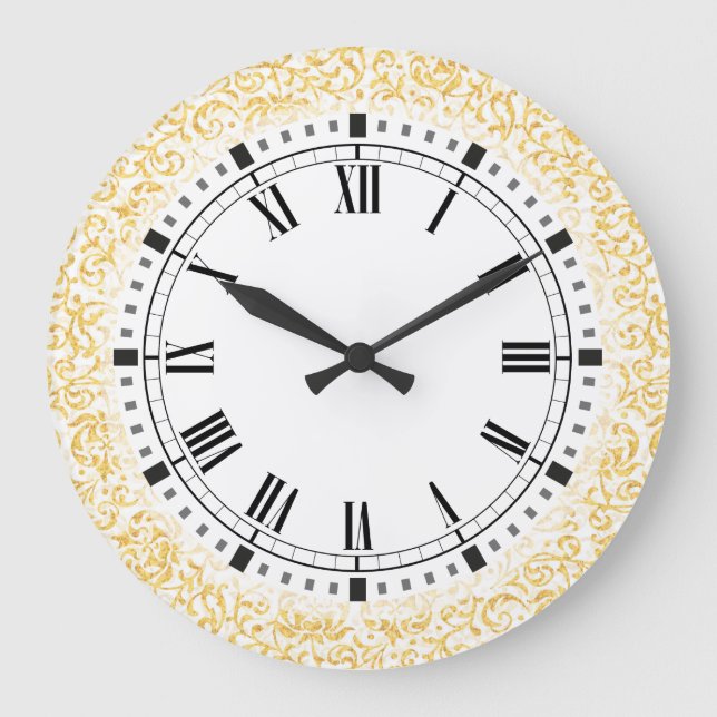 Gold White Floral Damask William Morris Inspiriert Große Wanduhr (Vorderseite)
