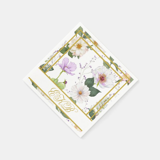 Gold White Floral Elegant Modernes Monogramm Serviette (Ecke)