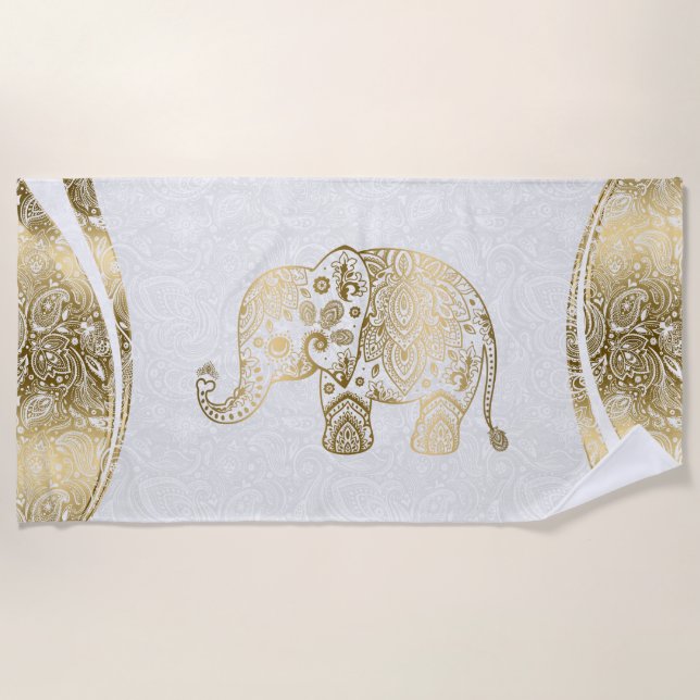 Gold & White Floral Paisley Elephant Strandtuch (Vorderseite)