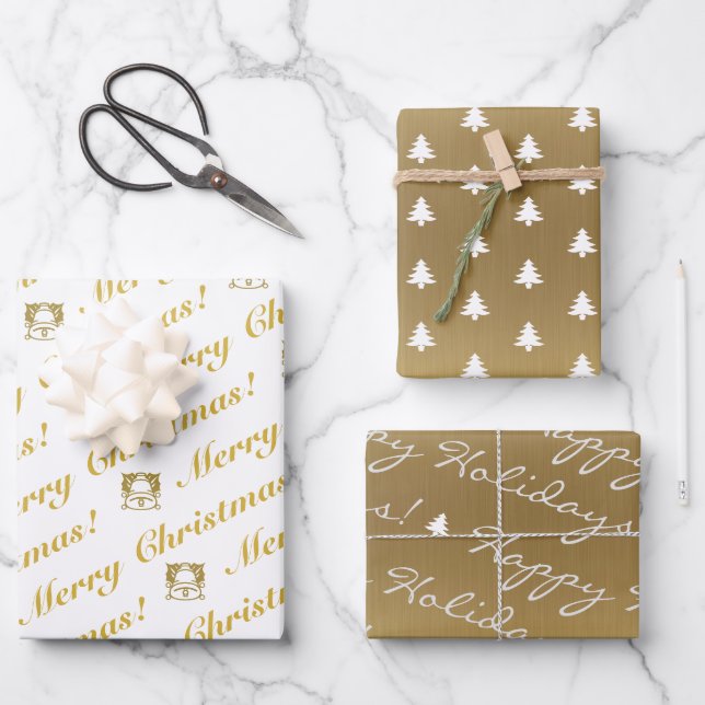 Gold White Frohe Weihnachten glückliche Weihnachts Geschenkpapier Set (Vorderseite)