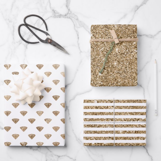 Gold White Glam Diamonds Glitzer Geschenkpapier Set (Vorderseite)