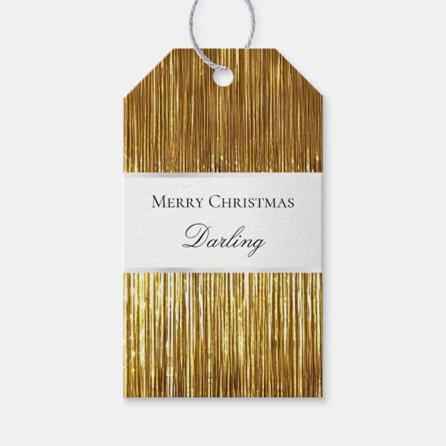 Gold White Glam Tinsel Stripes Geschenkegel Geschenkanhänger (Vorderseite)