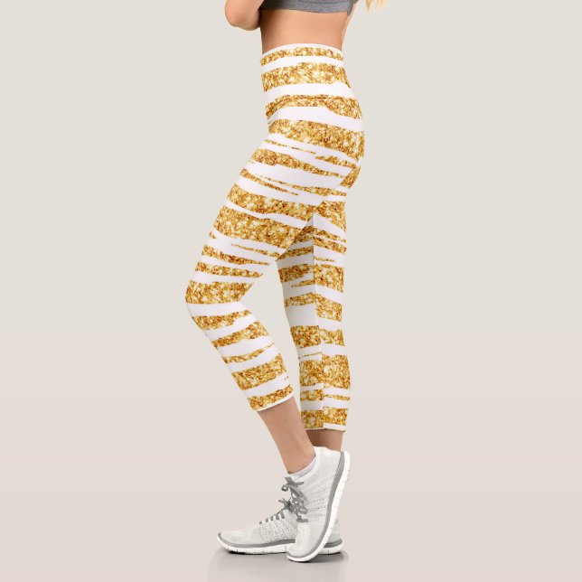 Gold White Glitzer Boho Populäre Tiger Collection Capri Leggings (Links)