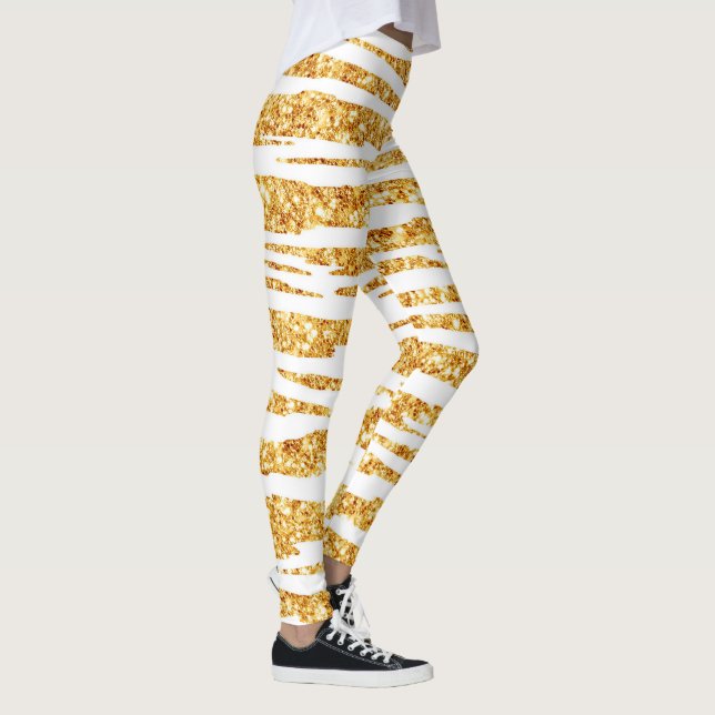 Gold White Glitzer Boho Populäre Tiger Collection Leggings (Rechts)