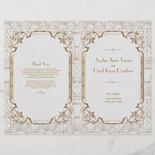 Gold White Great Gatsby Art Deco Wedding Programm (Vorderseite)