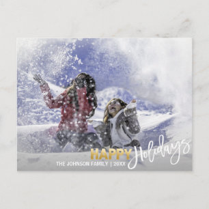 Gold White Happy Holidays Schneeflocken   FOTO hin Feiertagspostkarte