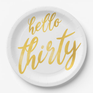 Gold White "Hello Thirty" Geburtstag Großer Typ Pappteller