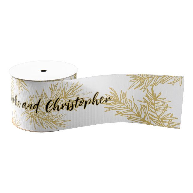 Gold White Modern Elegante Botanische Weihnachten Ripsband (Spule)
