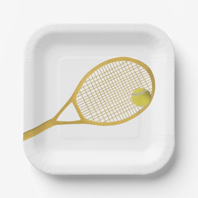 Gold & White Modern Tennis Ball Racket Pappteller (Vorderseite)