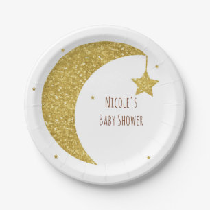 Gold & White Mond & Sterne Babyparty Pappteller