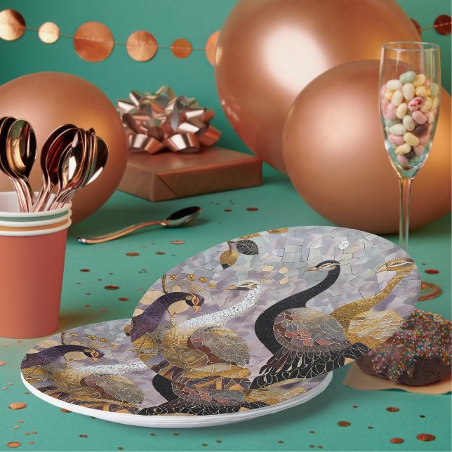 Gold White Peacocks Weihnachten Pappteller (Multi)