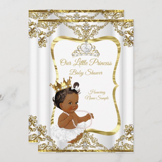Gold White Pearl Princess Baby Shower Ethnic Einladung (Vorne/Hinten)