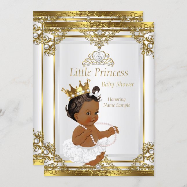 Gold White Pearl Princess Baby Shower Ethnic Einladung (Vorne/Hinten)