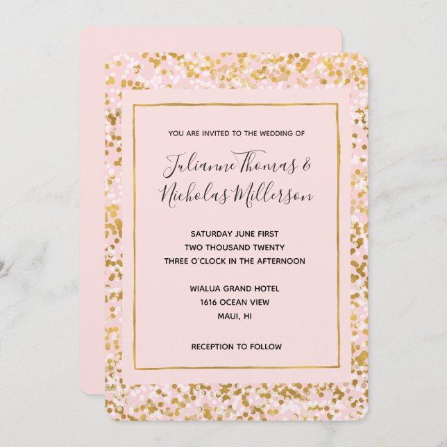 Gold White Pink Confetti Wedding Einladungen (Vorne/Hinten)