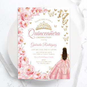 Gold White Pink Floral Quinceanera Einladung