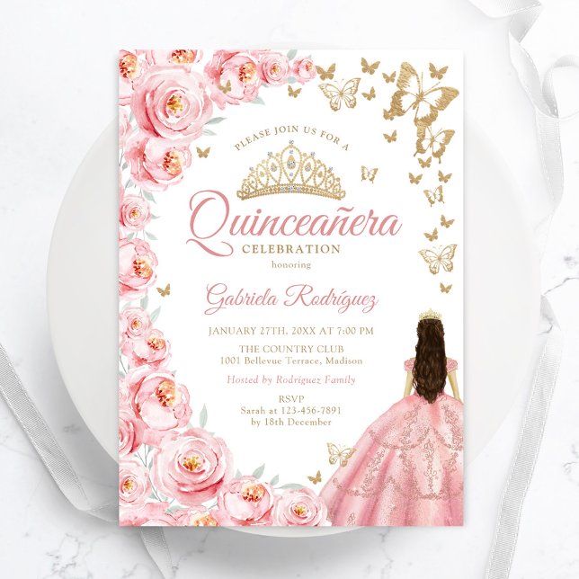Gold White Pink Floral Quinceanera Einladung (Von Creator hochgeladen)