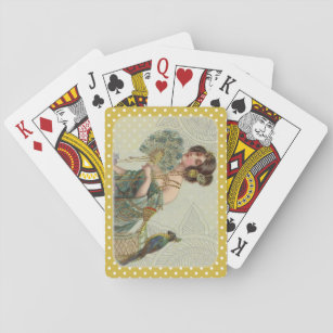 Gold & White Polka Dot Vintage Dame und Papagei Spielkarten