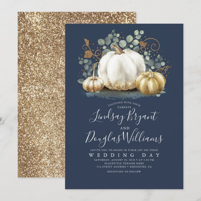 Gold White Pumpkins Rustic Navy Blue Hochzeit im H Einladung (Vorne/Hinten)