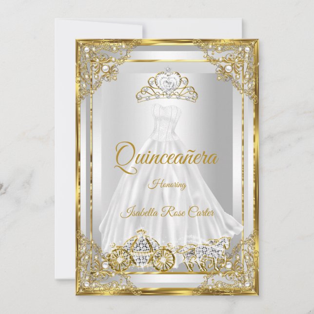 Gold White Quinceanera Dress Tiara Carwagen Einladung (Vorderseite)