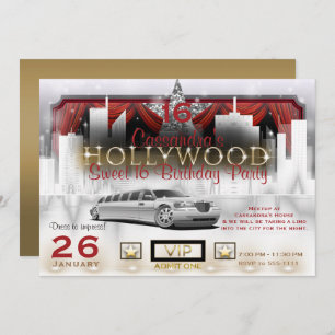 Gold White & Red City Lights Limo Hollywood Party Einladung