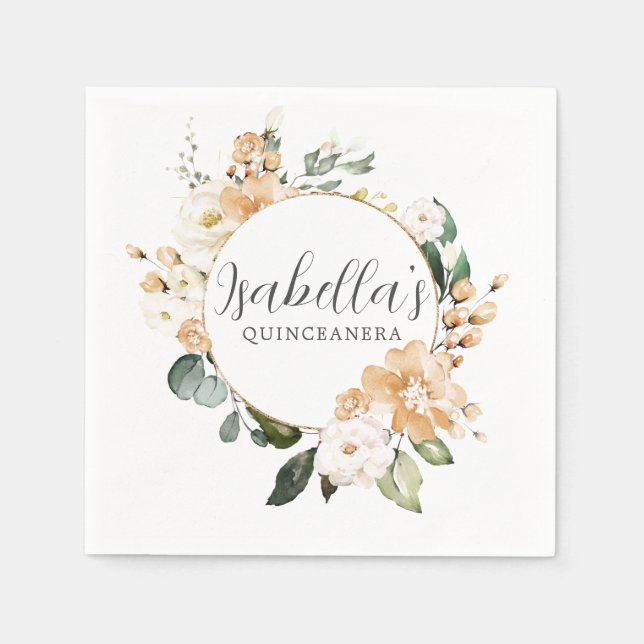 Gold White Rose Floral Personalisiert Quinceanera Serviette (Vorderseite)