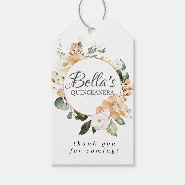 Gold White Rose Floral Quinceanera Gefallen Geschenkanhänger (Vorderseite)