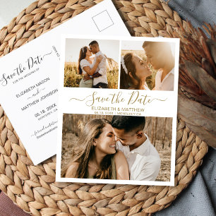Gold White Script Collage Wedding speichern das Da Ankündigungspostkarte