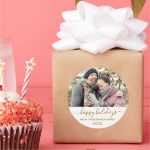 Gold White Script Couple Foto Happy Holidays Runder Aufkleber