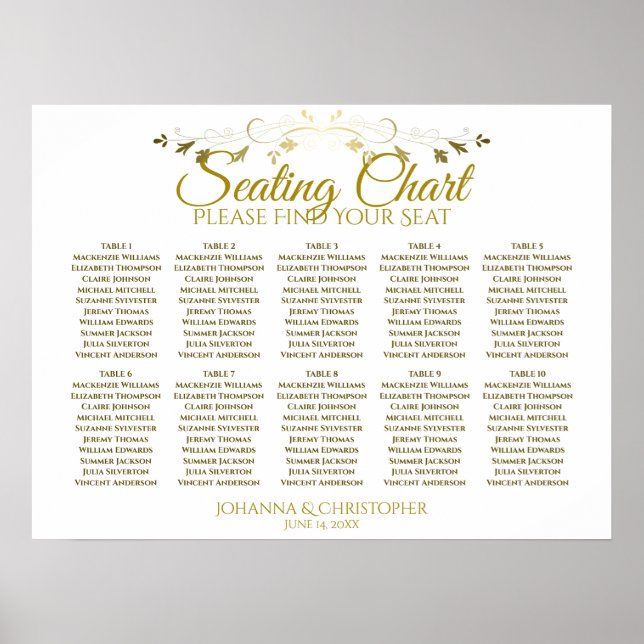 Gold & White Simple 10 Table Wedding Seating Chart Poster (Vorne)