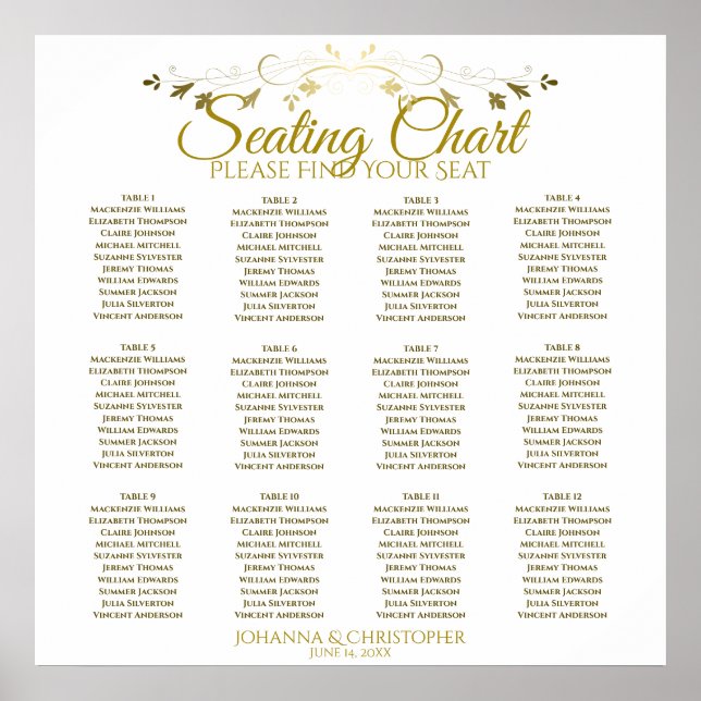 Gold & White Simple 12 Table Wedding Seating Chart Poster (Vorne)
