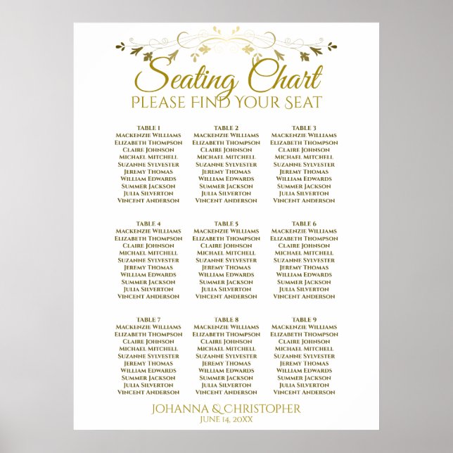 Gold & White Simple 9 Table Wedding Chart Poster (Vorne)
