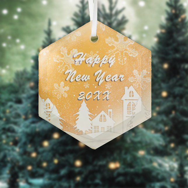 Gold White Snow House Frohes Neues Jahr Ornament Aus Glas (Von Creator hochgeladen)