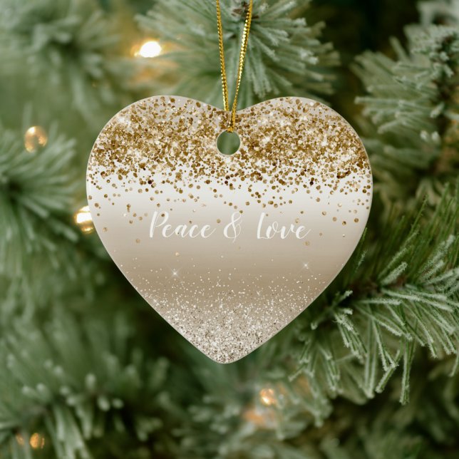 Gold White Sparkle Glitzer Peace Liebe Keramik Ornament (Baum)